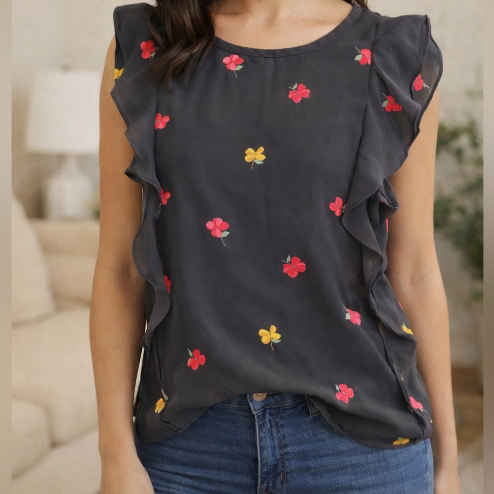 LOFT Black Top with Red and Yellow Floral Accents